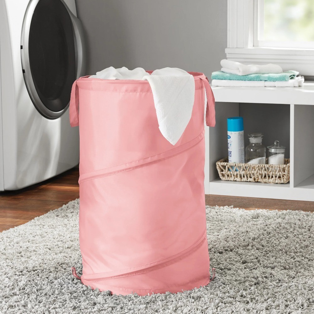 Up Spiral Polyester Laundry Hamper with Frame Pink Clothes Basket Organizer