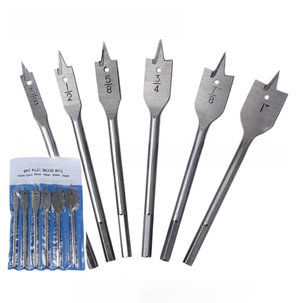 6PCS Spade Drill Bit Set Paddle Flat Bits, 3/8"-1",Hex Shank Quick Change Woo...