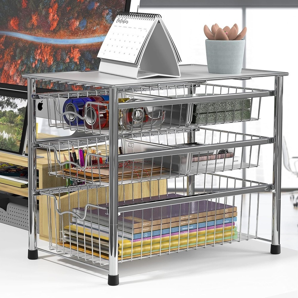 Elegant 3-Tier Chrome Stackable Sliding Basket Organizer for Effortless Storage