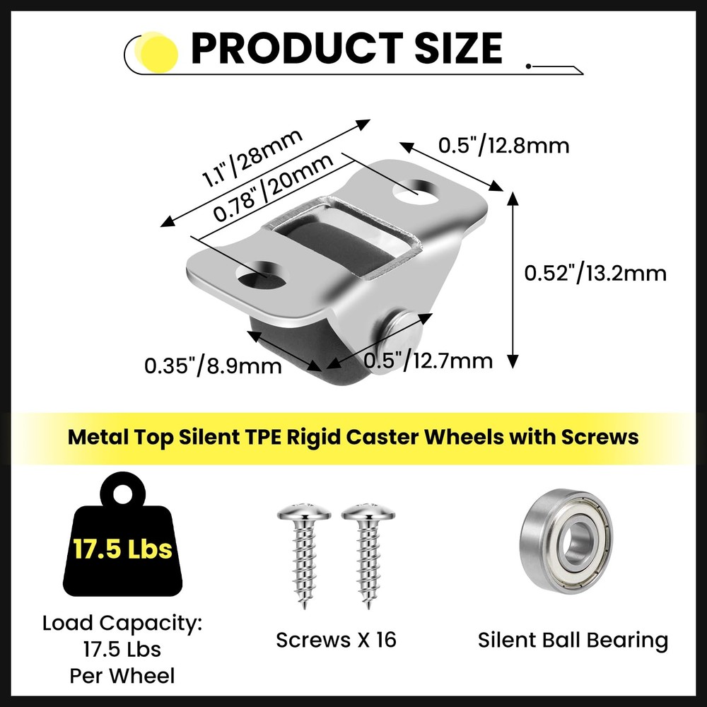 8 Pcs 1/2 Inch Mini Fixed Caster Wheels, Low Profile Single Direction Tiny Wh...