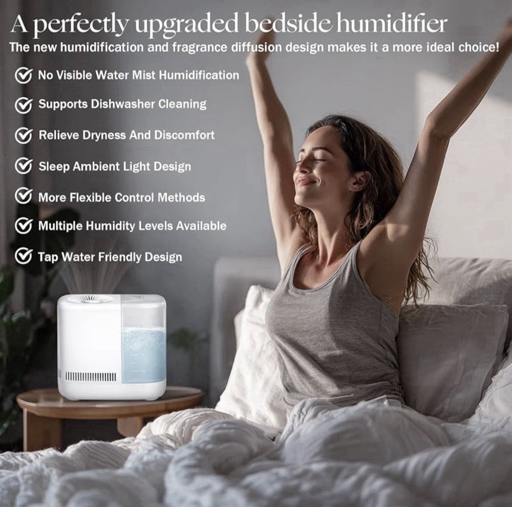 Bedside Evaporative Humidifier w/ Remote 2.5L Night Light, Adjustable, Timer