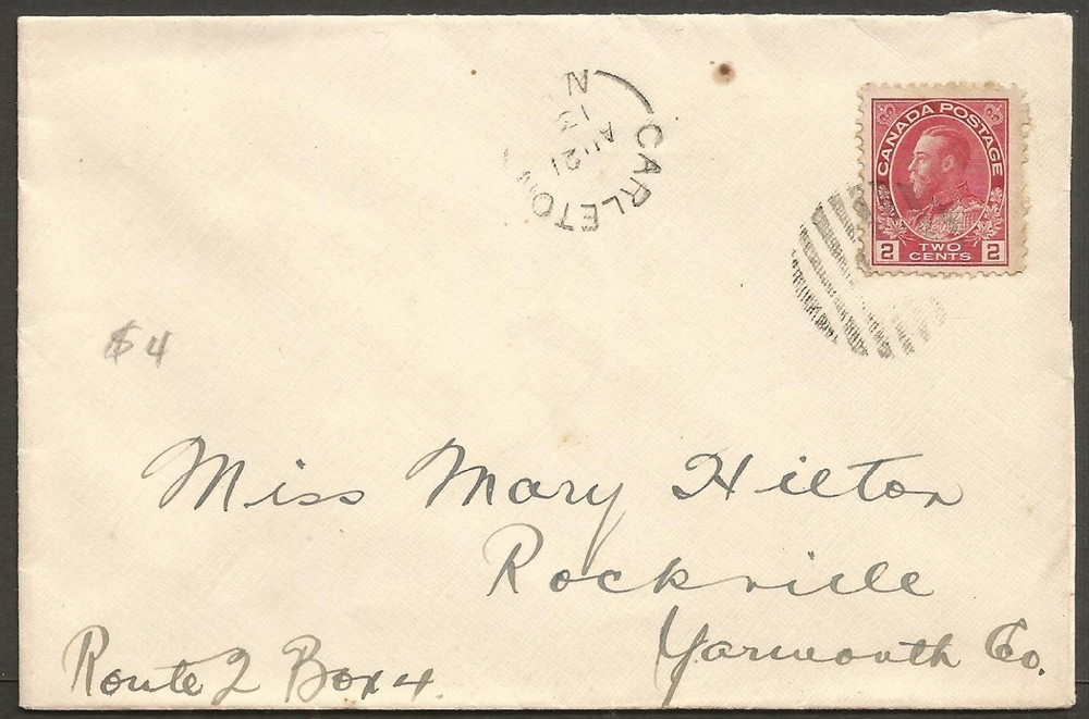 1913 Carleton NS Cover 2c Admiral Split Ring