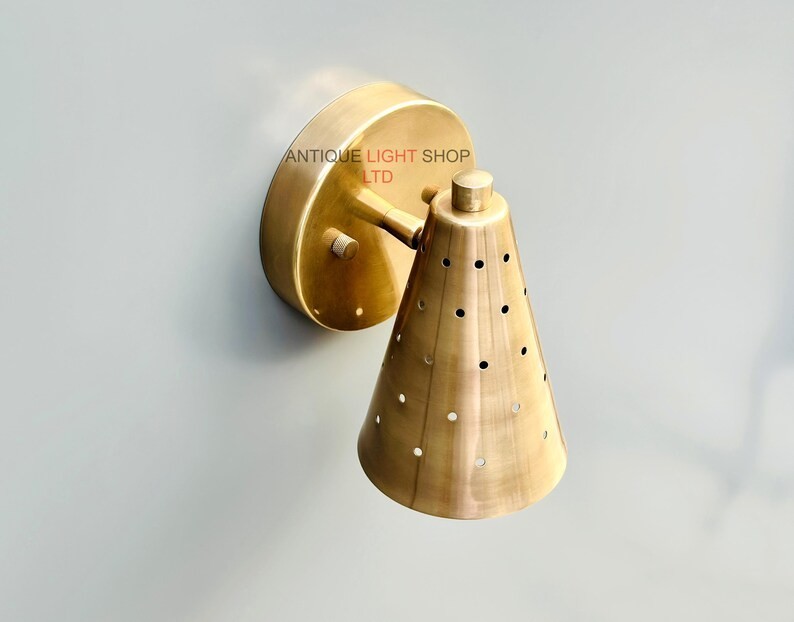 Mid Century Modern Brass Wall Sconce: Adjustable Perforated Cone Shade