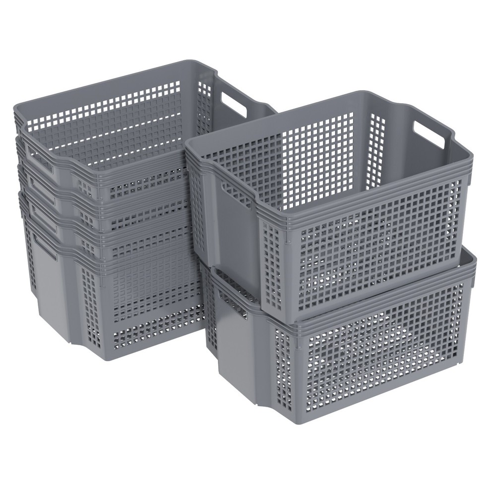 6-Pack Stackable Plastic Woven Basket Organizer, Stacking Storage Basket, Grey