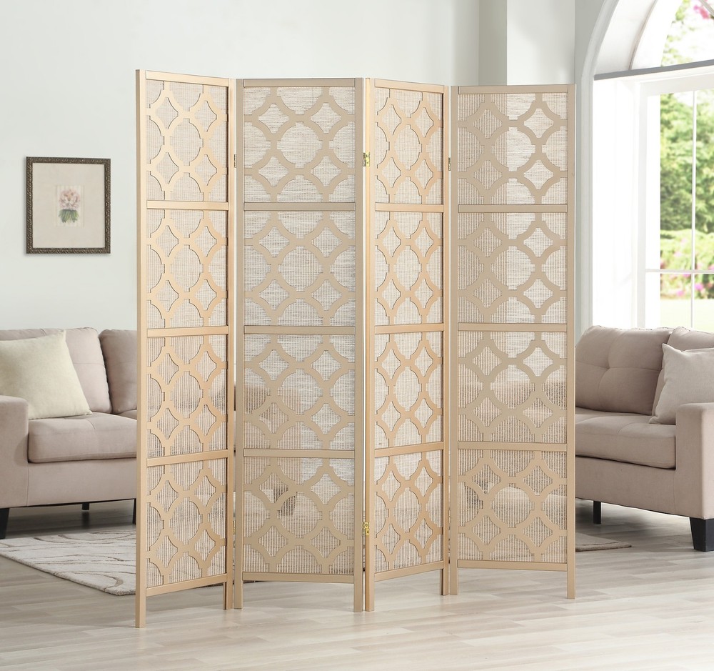4-Panel Gold Diamond Design Room Divider Screen, Modern Geometric Privacy