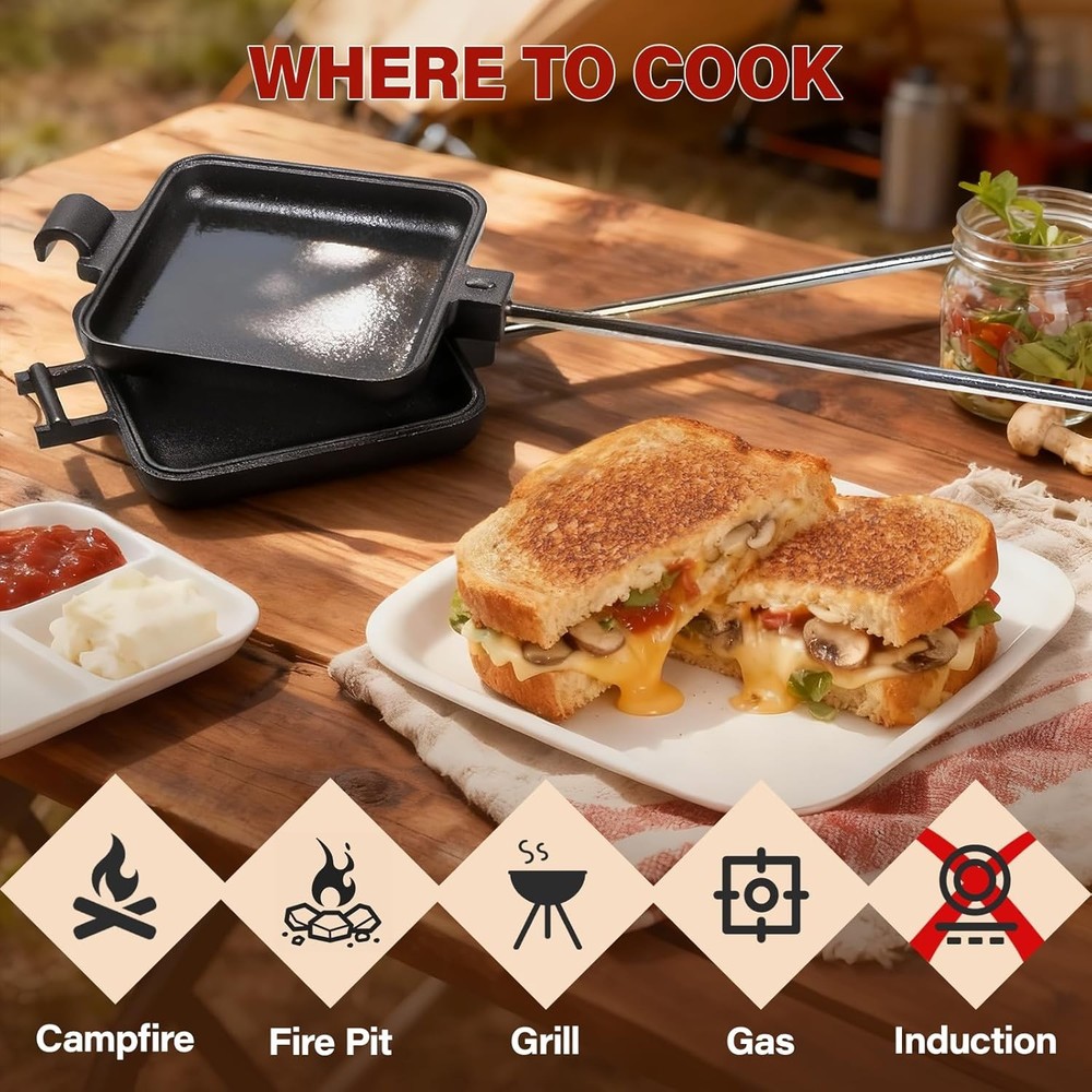 Mountain Pie Maker Cast Iron – Campfire Pie Iron, Hobo Pie Maker for Camping,