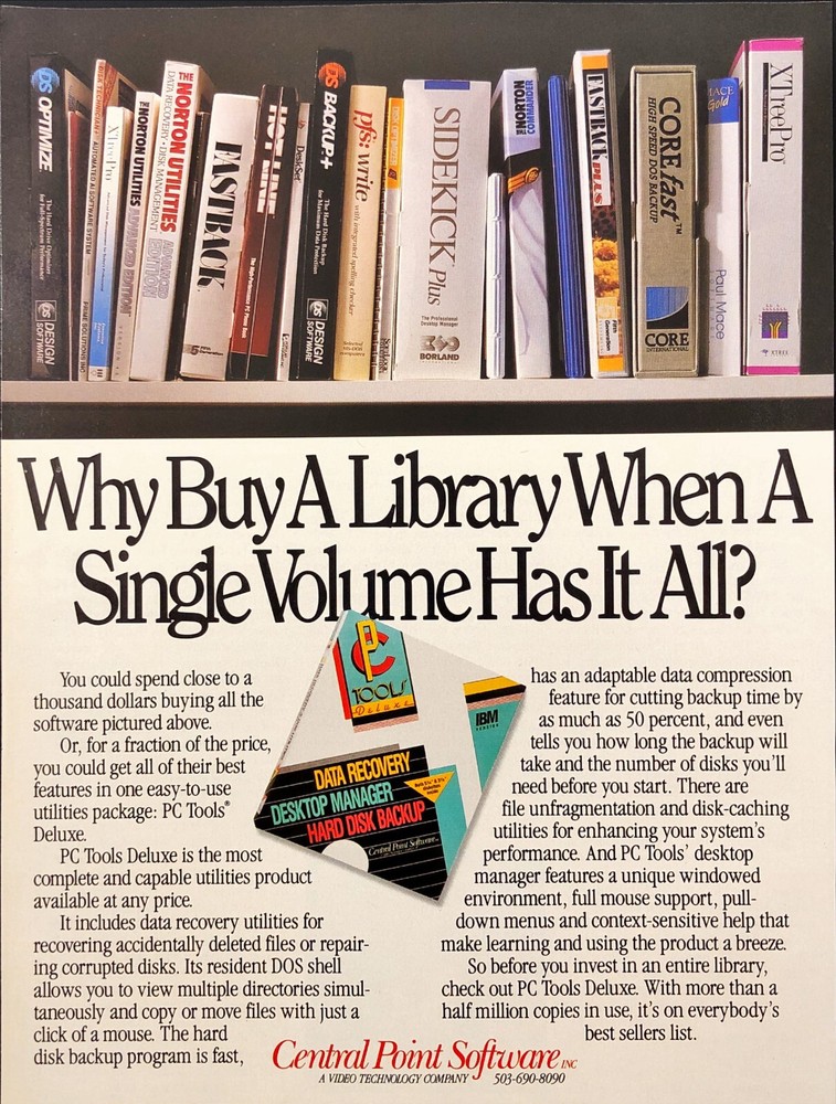 1989 Central Point Software PC Tools Vintage Print Ad Software Why Buy A Library