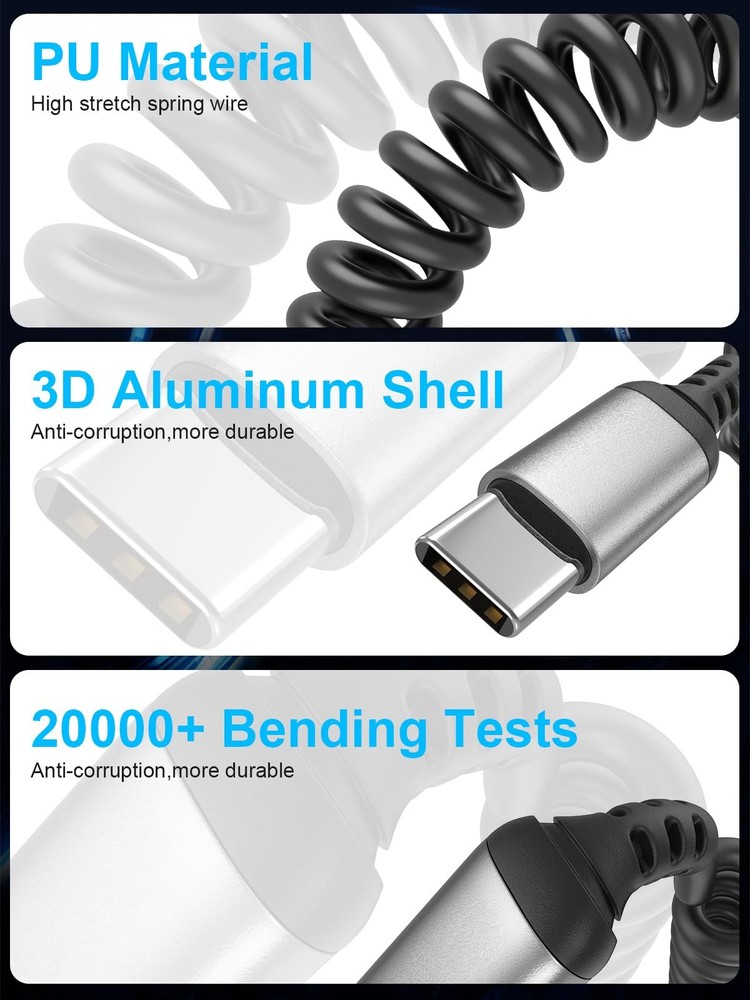 Coiled USB C to C Cable 3FT, 2 Pack Retractable C Black