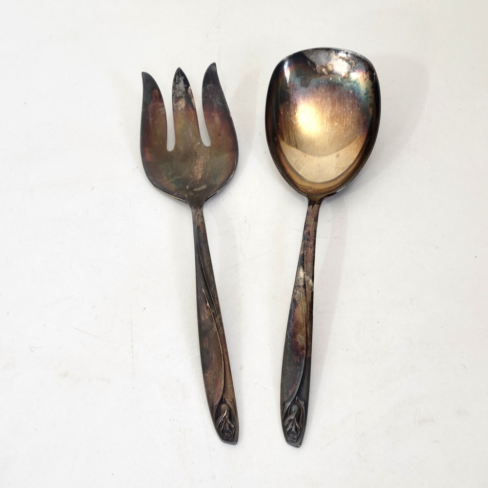 International Deep Silver Salad Servers with Rose Design