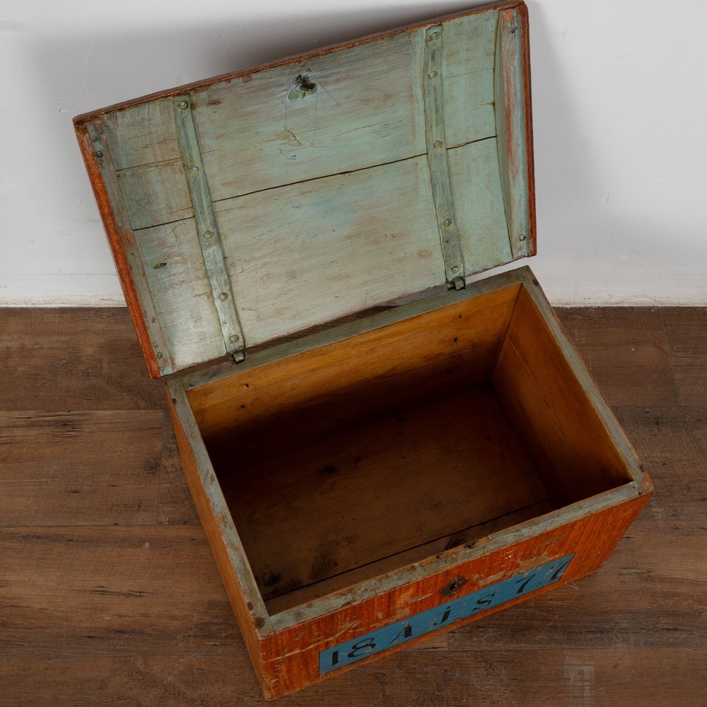 Small Original Painted Swedish Pine Dome Top Trunk dated 1877