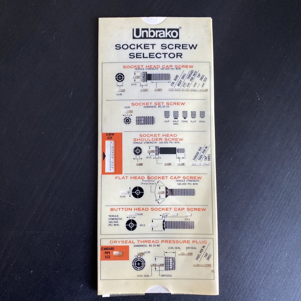 Vintage Unbrako Socket Screw Selector Data Guide Slide Rule - Plastic Sleeve