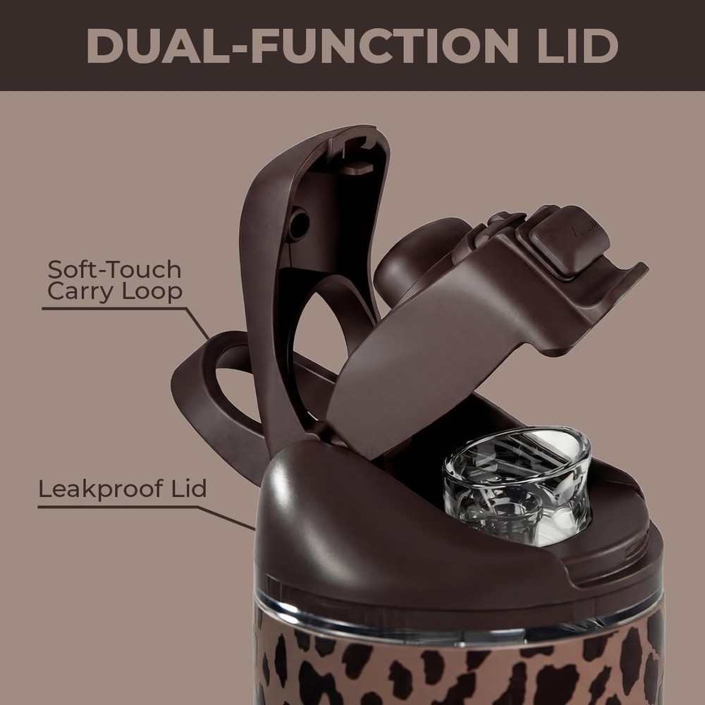 32oz Ease2o Brown Leopard Water Bottle: Straw & Chug Lid for Active Hydration
