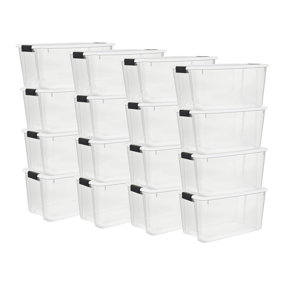 Sterilite 70 Qt Clear Plastic Stackable Storage Bin w/ White Latch Lid, 16 Pack