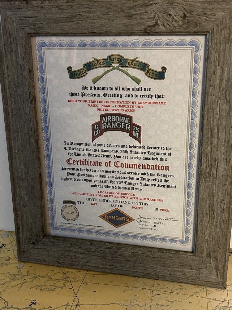 U.S. ARMY RANGER - C CO / 75 INFANTRY COMMENDATION CERTIFICATE (COMMEMORATIVE)