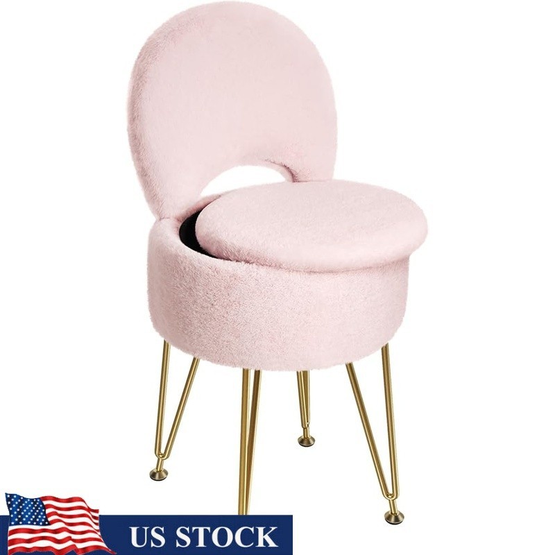 Faux Fur Vanity Stool W/ Storage Adjustable Backrest Comfortable Makeup Chair US