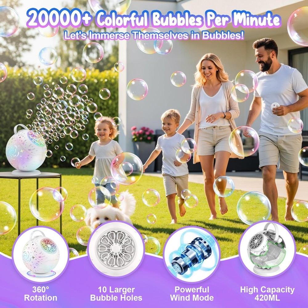 Bubble Machine with Remote Control, 360° Automatic Rotation & 7 RGB Lights