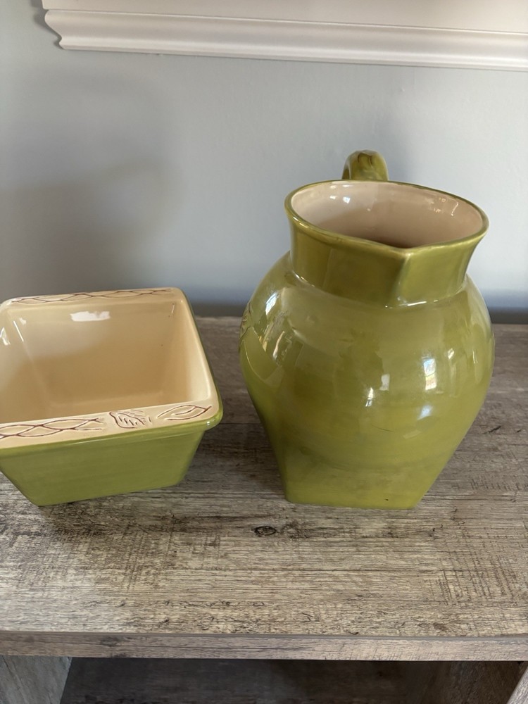 Tastefully Simple Host Collection Green Ceramic Pitcher & Dip Dish Set