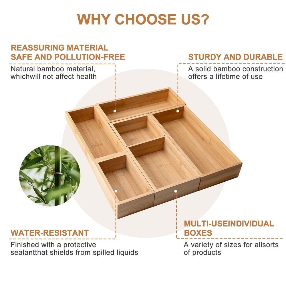 Bamboo Drawer Organizer 5 Pcs for Kitchen Multi-purpose Storage Dividers for ...