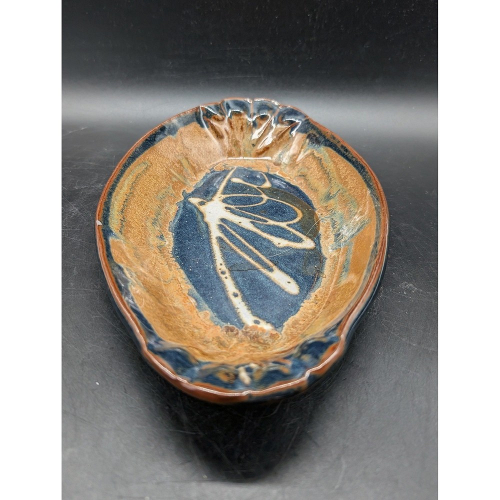 Studio Pottery Abstract Dragonfly Oval Serving Platter Brown Stoneware Chip 9.5"