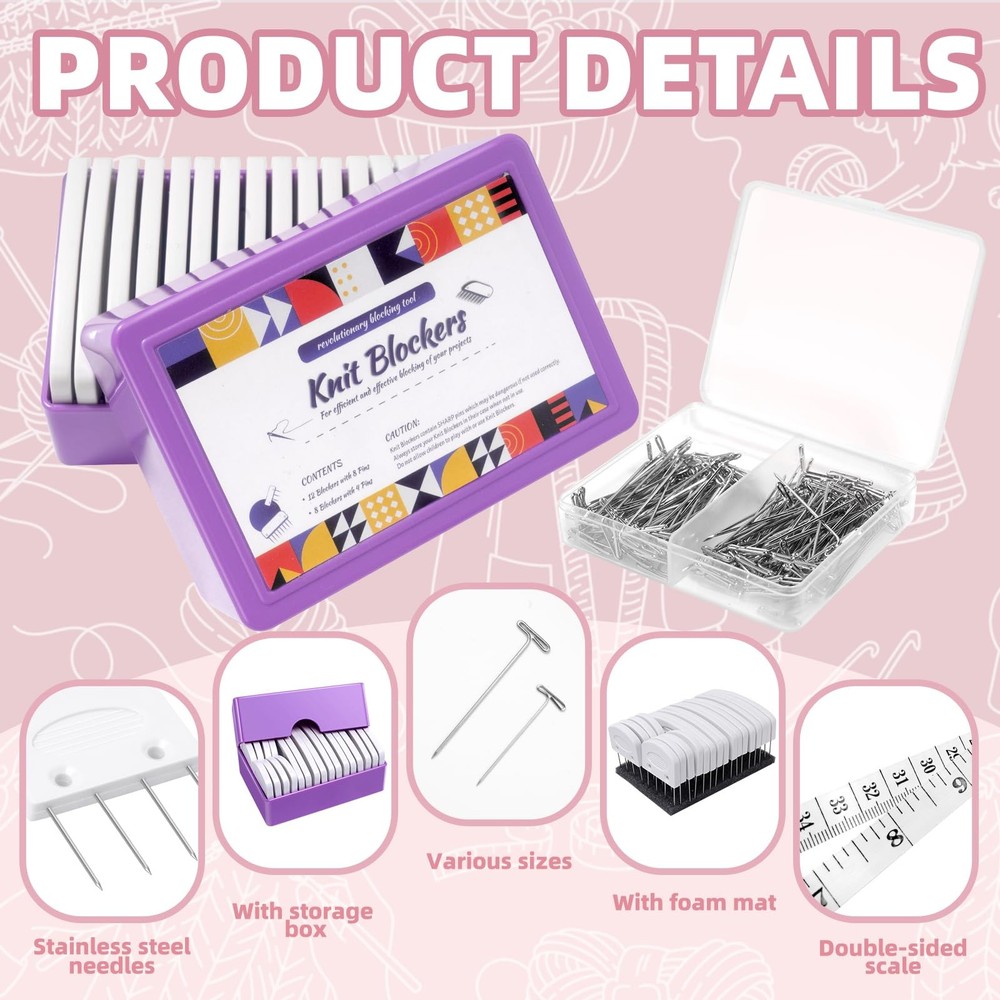 Knit Blocking Pins Kit: 20 Combs, 110 T-Pins for Crochet & Needlework Projects