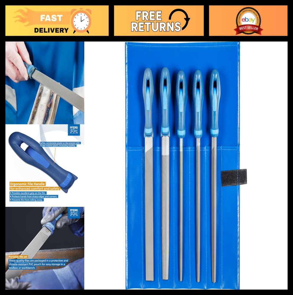 5pc 10" Machinists File Set - Hand, Square, Tapered, Half Round, Second Cut Tool