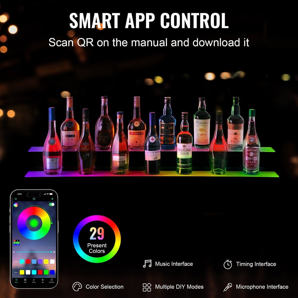 48in Multicolor LED Bottle Shelf 2-Step Acrylic App RF Control Lasting