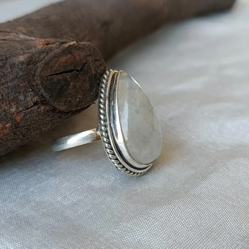 Solid 925 Sterling Silver Pear Cut Blue Flash Rainbow Moonstone Handmade Ring
