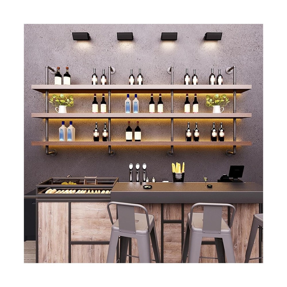 47.2in Large Wine Rack with LED Light Solid Wood Wall Mounted Wine Rack, 3-Ti...