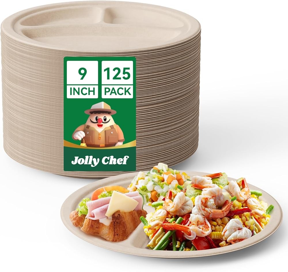 J CHEF postable 𝟯 partment Paper Plates 𝟵 𝗜𝗻𝗰𝗵 [𝟭𝟮𝟱