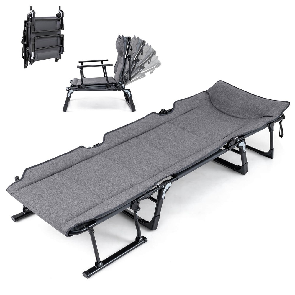 Folding Camping Cot w/Mattress 6 Backrest Positions Head Pillow Foldable Armrest