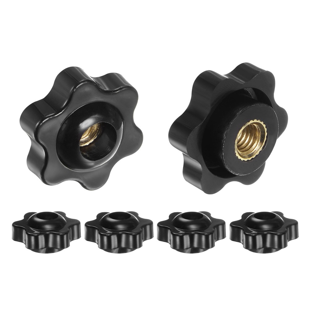 6Sets Star Knobs M6 Thread 25mm Head Through Hole Brass Insert Hand Knob Black