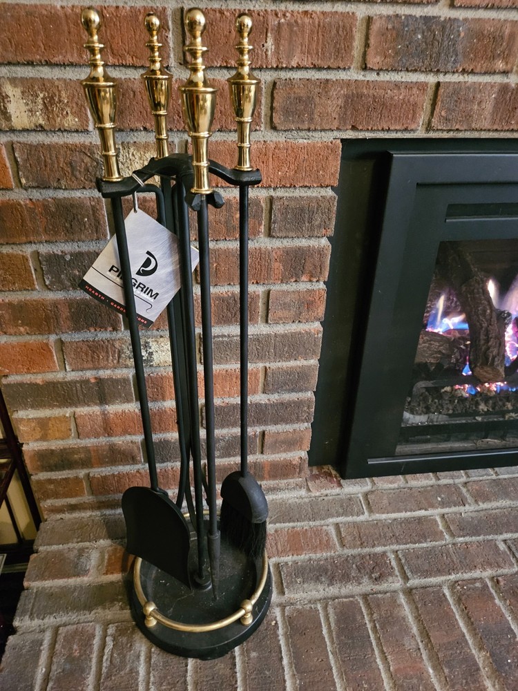 Pilgrim Fireplace Fire Set w/ Brass Rail & Urn Handles