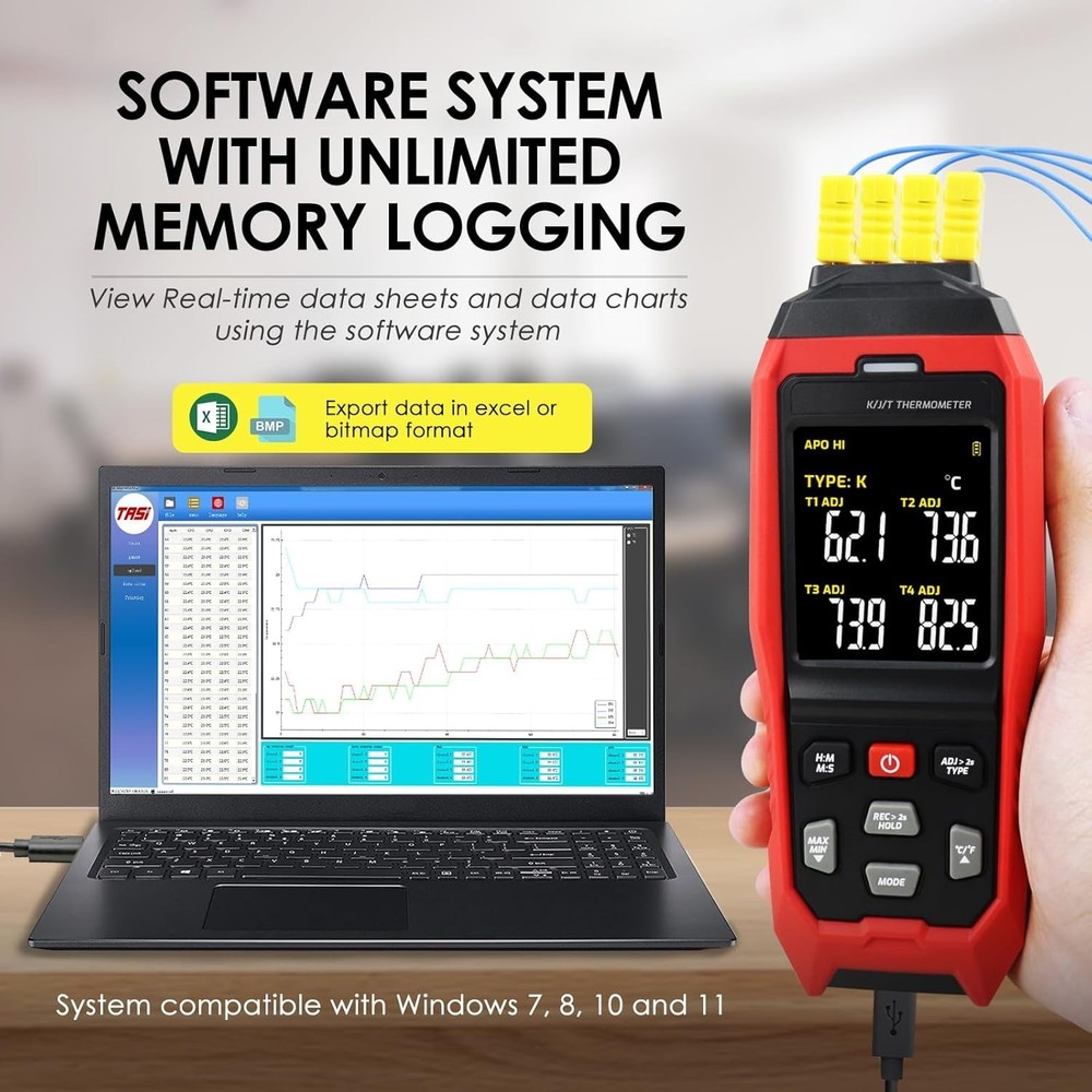4-Channel Thermocouple Thermometer with USB Data Logging and Alarm Feature