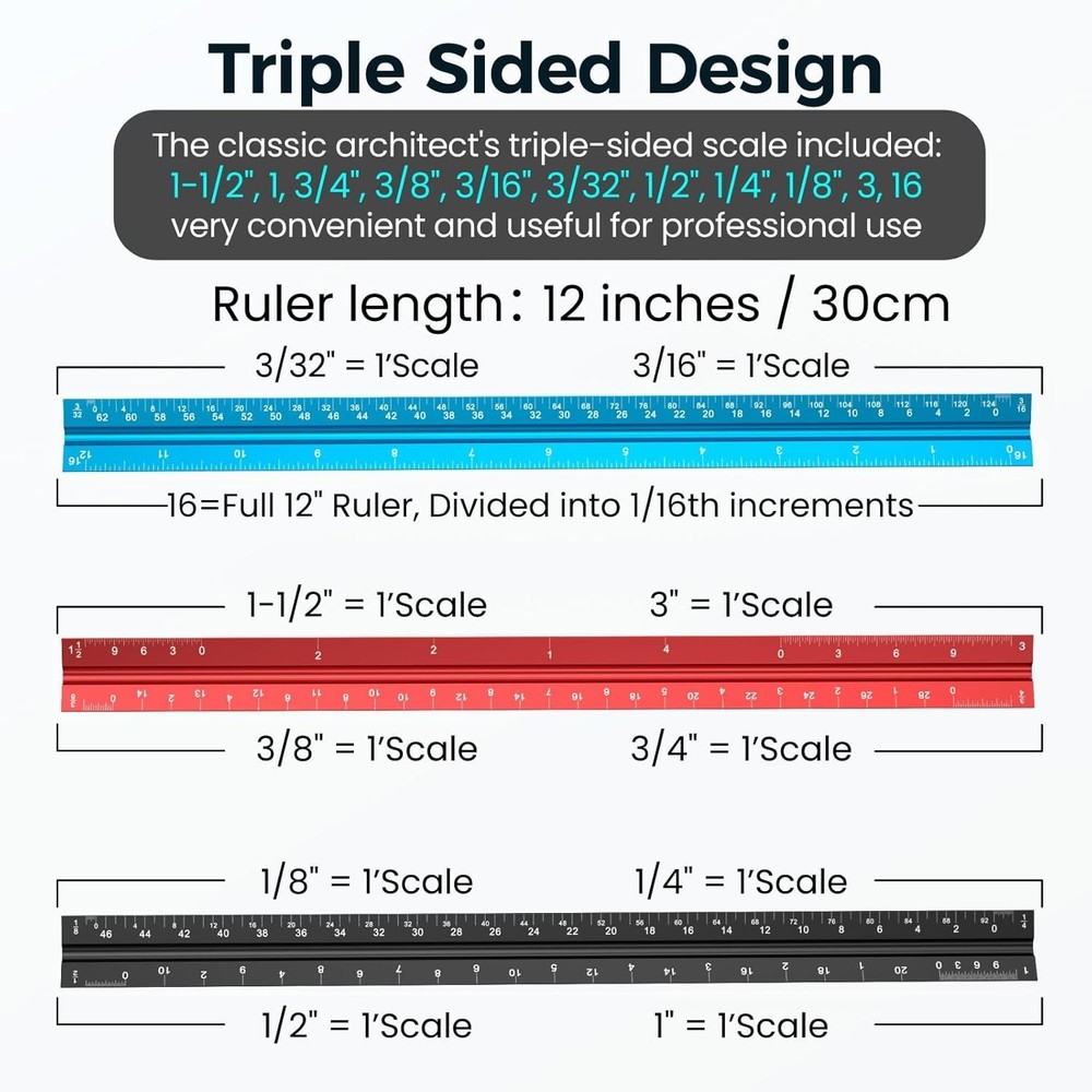 Architectural Drafting Scale Architect Ruler Triangular Blueprint Aluminum 12"