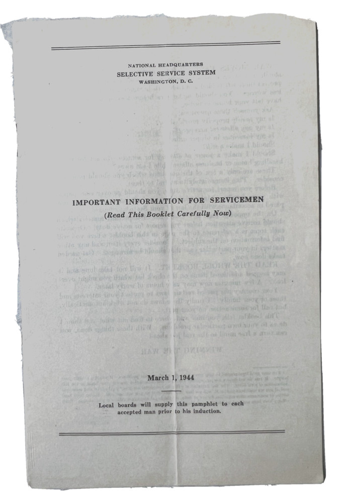 WWII 1944 Selective Service System Induction Servicemen Information Booklet