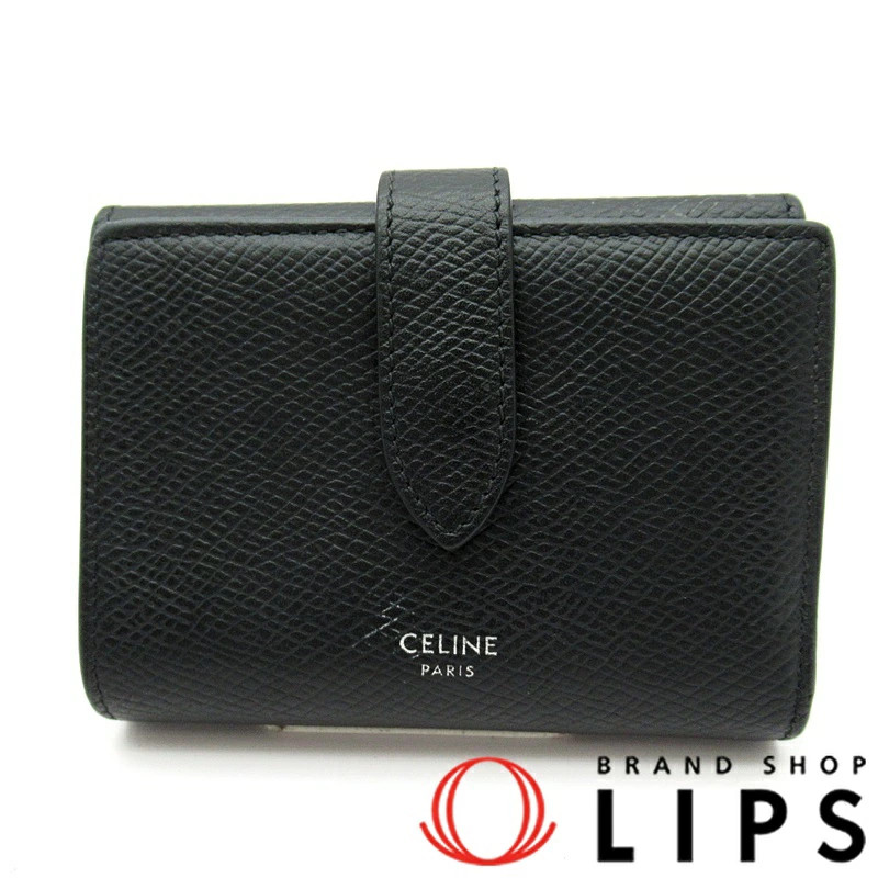 Celine Leather Fine Strap Wallet Black Women