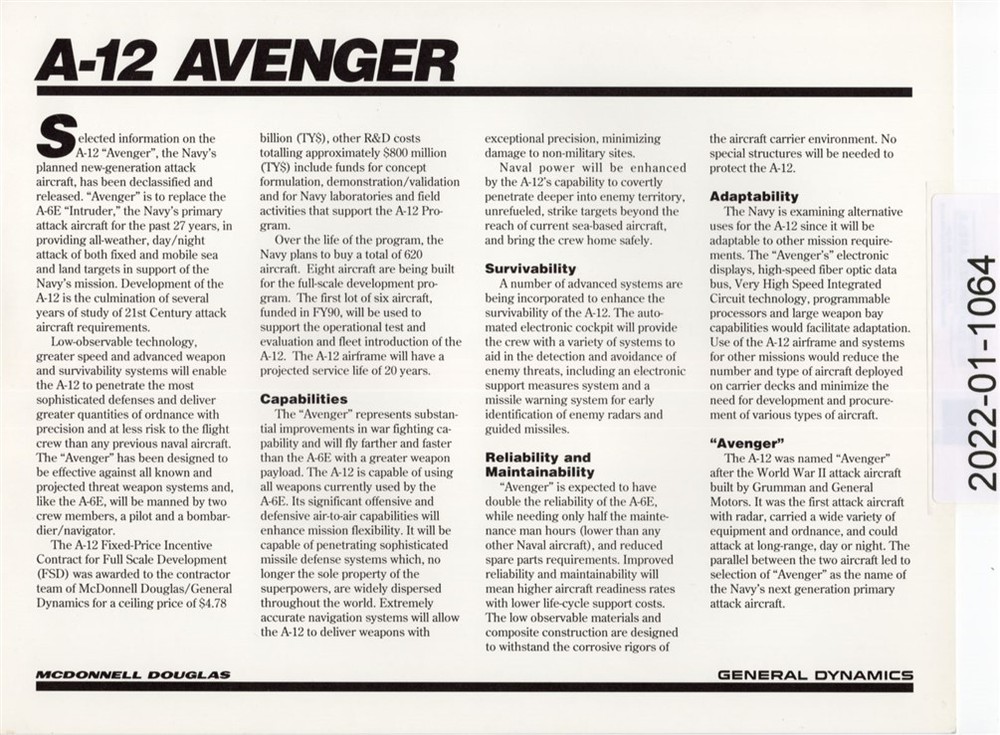 1990 General Dynamics A-12 Avenger Original Specification Sheet Litho Print