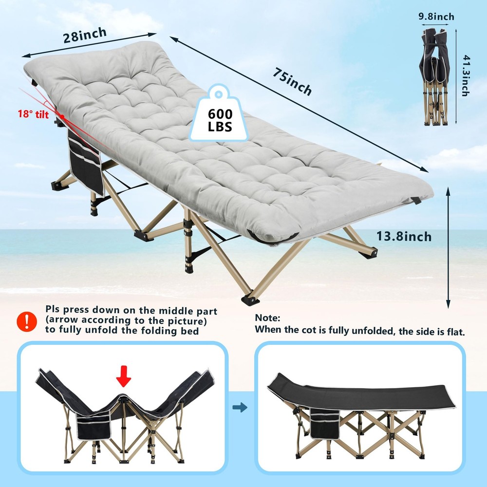 Camping Cots for Adults with 600lbs Load Capacity, Folding Camping Cot with M...