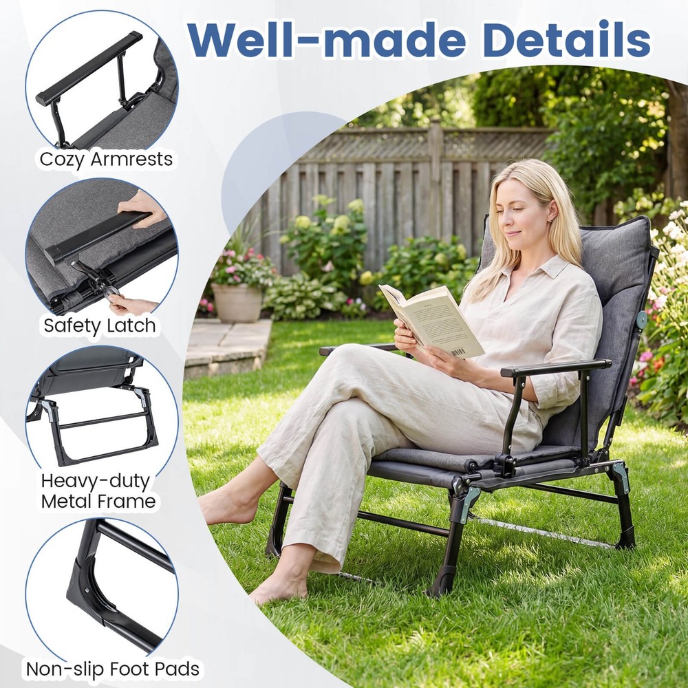 Folding Camping Cot w/Mattress 6 Backrest Positions Head Pillow Foldable Armrest