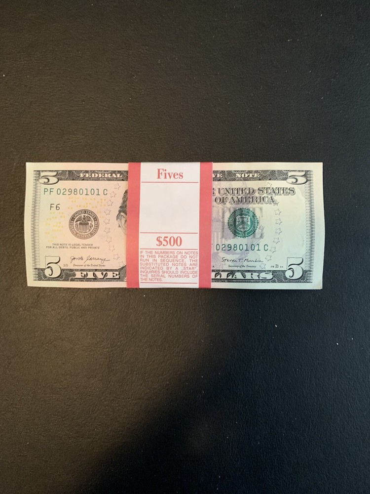 $5 Bill - 10 Uncirculated Five Dollar Bills In Sequential Order