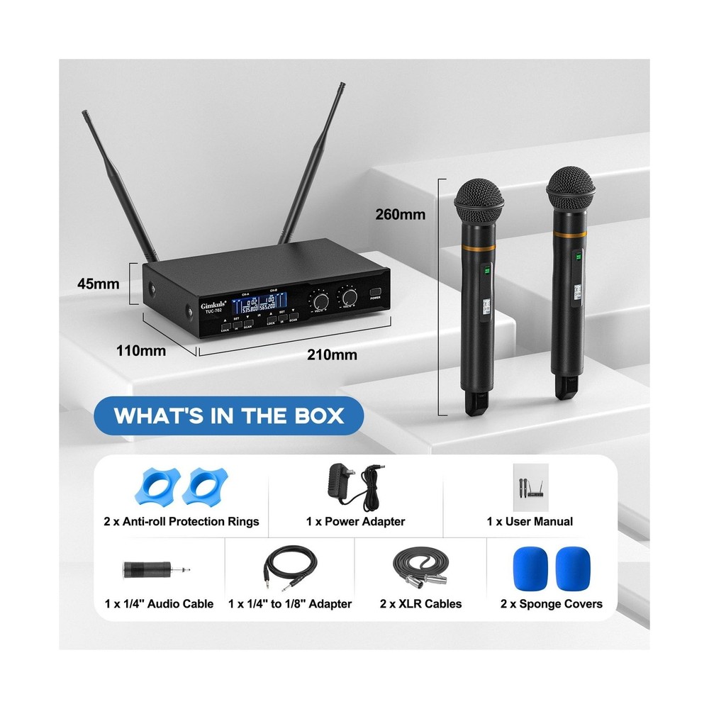 Wireless Microphone System, Cordless Handheld Dynamic Mic, Dual UHF 200-Chann...