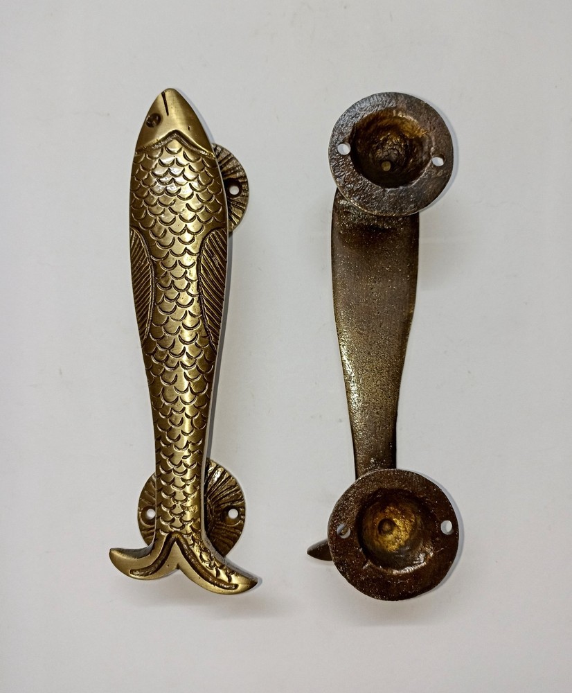 Lacquered Brass Sea Fish Cupboard Pull Office Interior Door Handle Pair AJ456