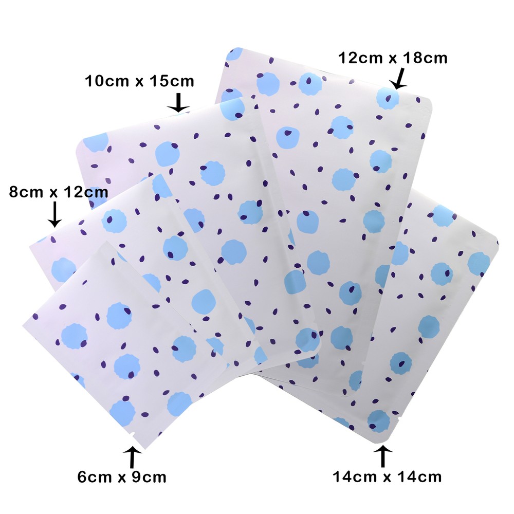 Flat Matte Blue Patterned Design Open-Top Heat-Sealable Packaging Pouches