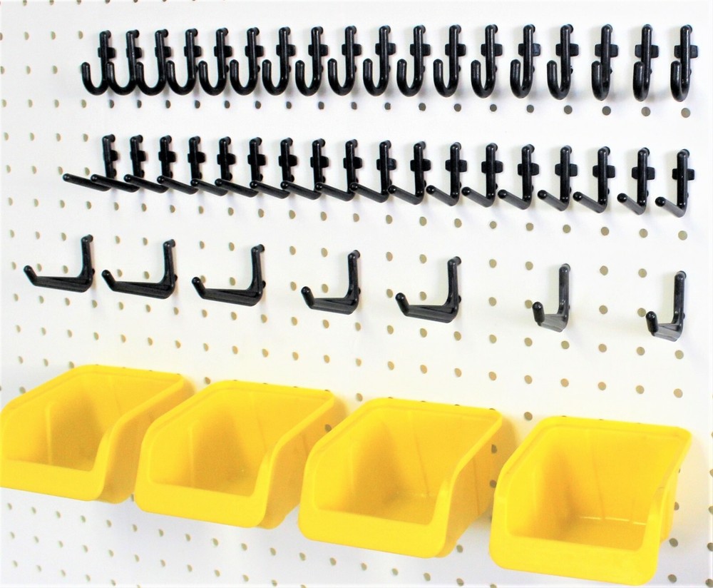 WallPeg 43 Kit -Peg Hooks & Plastic Bins - Organize Tools Crafts Garage & More