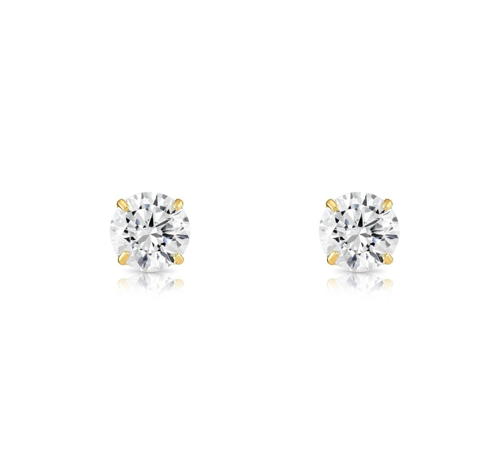 14K Solid Yellow/White Gold Round CZ Stud Earrings Basket Setting 2-10mm