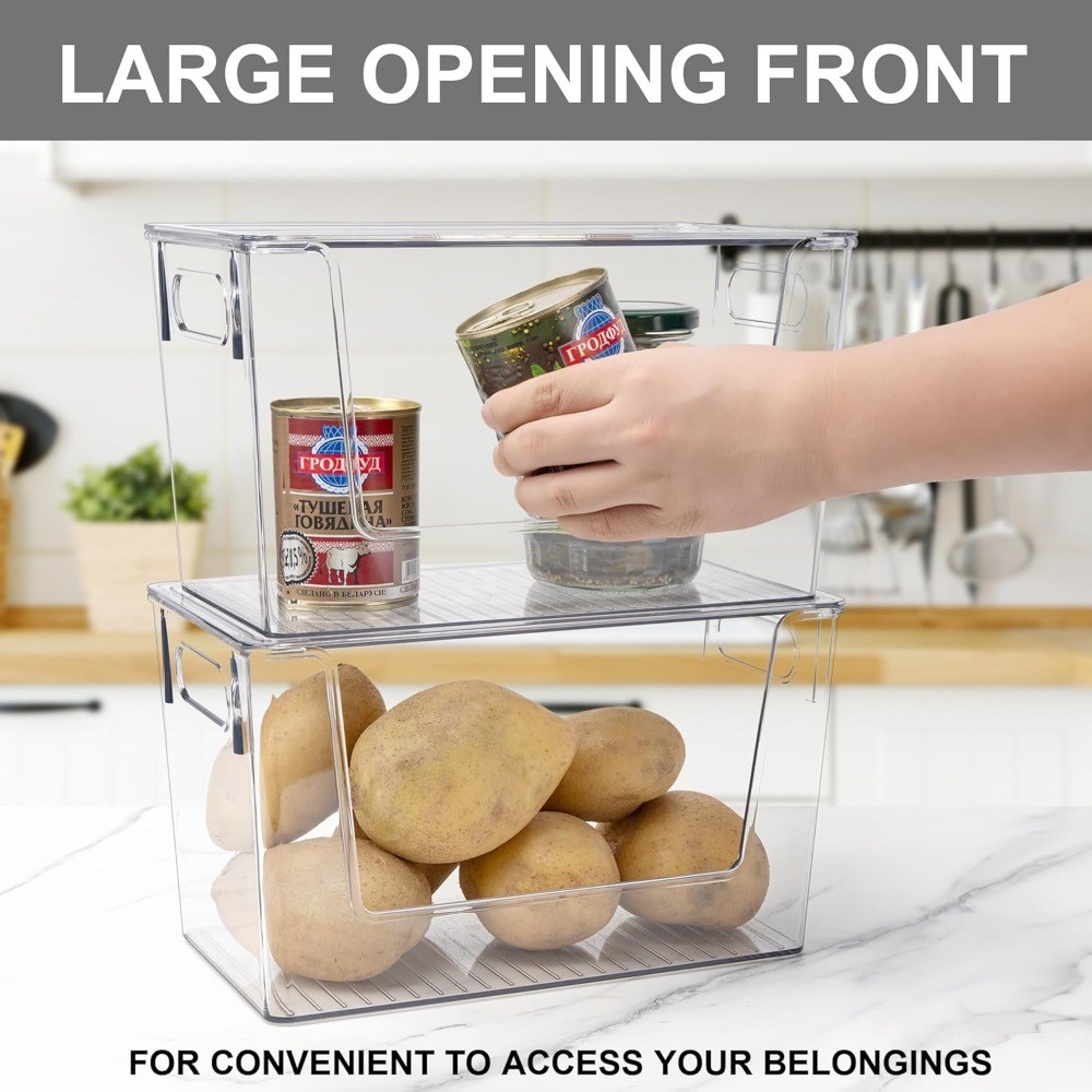 Large Stackable Storage Bins with Lids 2 Pack, Open Front Plastic Container