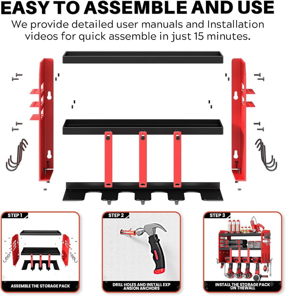 Power Tool Organizer Wall Mount - 120Lbs Load 3 Layers Storage Rack 4 Drill Hold