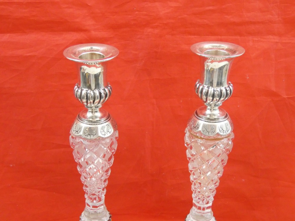 GORGEOUS ANTIQUE SILVER / CUT CRYSTAL PAIR CANDLESTICKS FINE QUALITY sterling