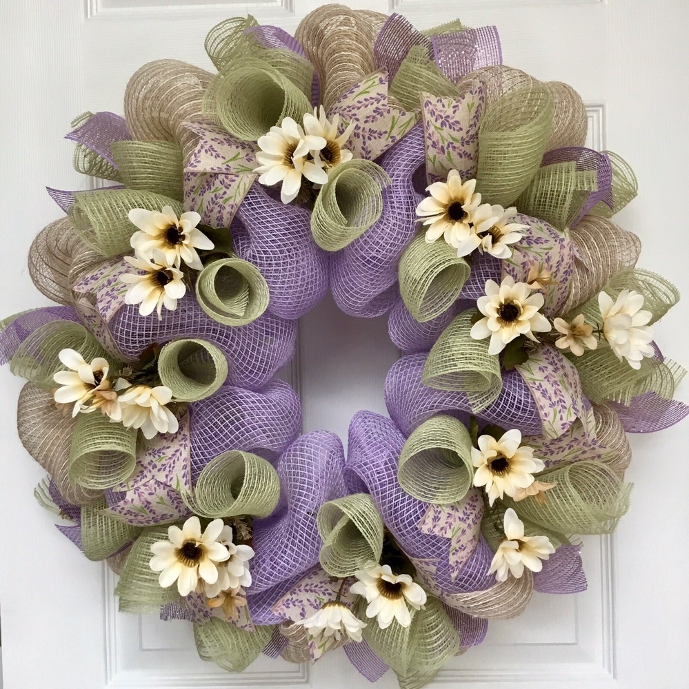 Lavender and Mint Spring Floral Wreath Handmade Deco Mesh