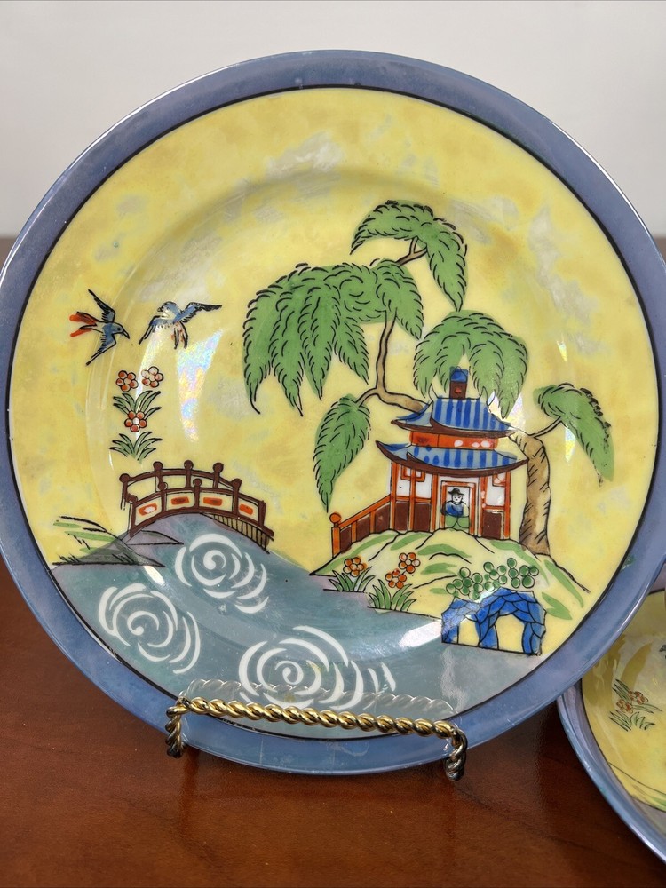 Lusterware Handpainted Porcelain Teacup &Plate Set Pagoda Bridge River